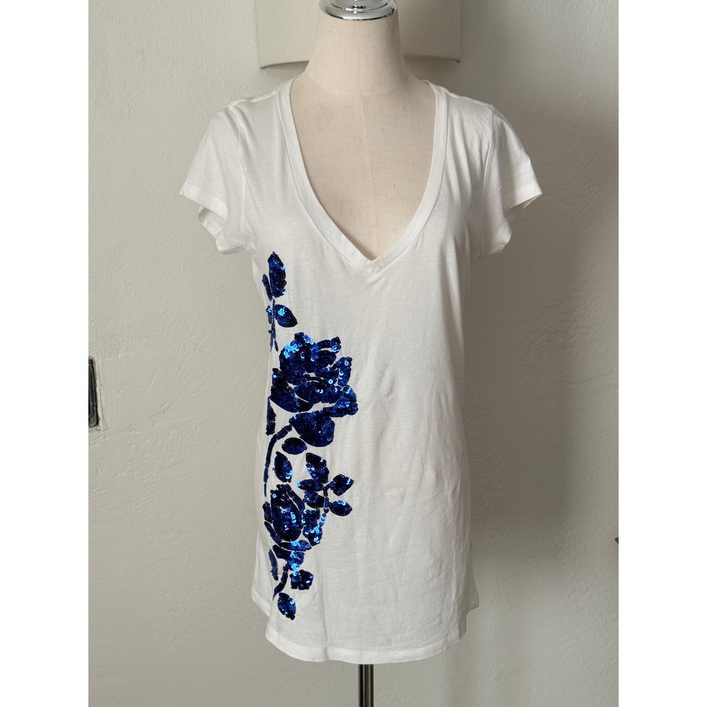 Express Sequin Floral V-Neck Tee Medium White Cotton Blend Vintage Boho